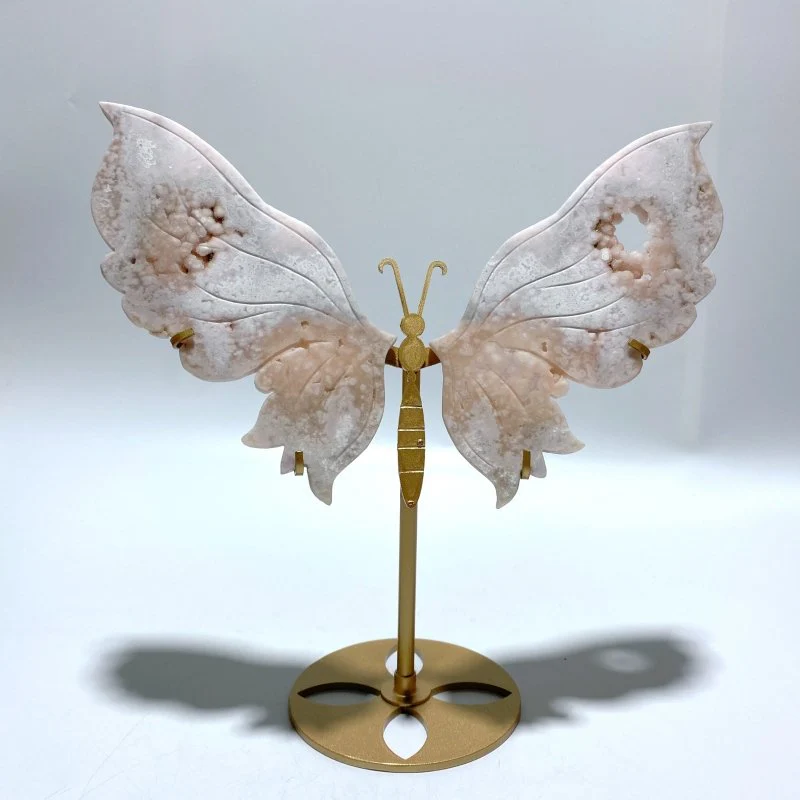 Unique Geode Sakura Flower Agate Butterfly Wing Carving With Stand