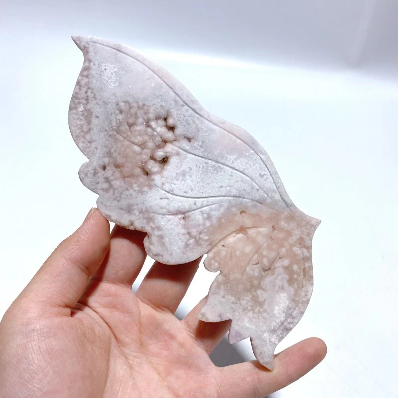 Unique Geode Sakura Flower Agate Butterfly Wing Carving With Stand - Image 3