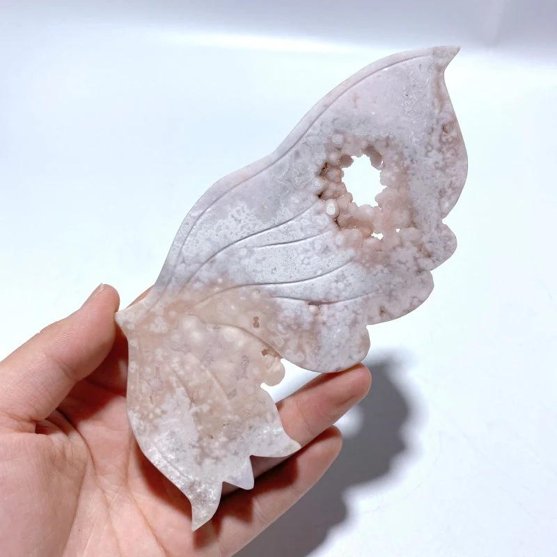Unique Geode Sakura Flower Agate Butterfly Wing Carving With Stand - Image 4