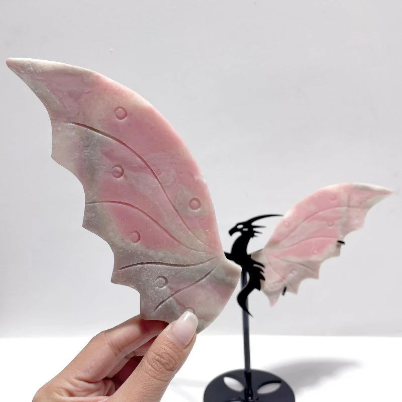 Unique Pink Opal Flying Dragon Wing With Stand