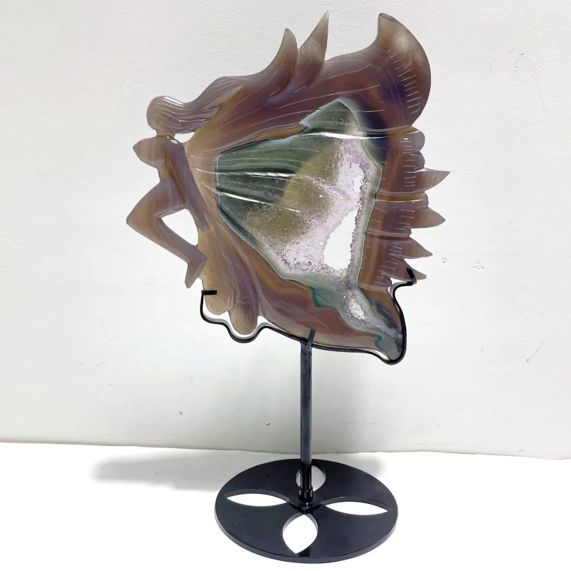 Unique Geode Druzy Agate Butterfly Fairy Carving With Stand