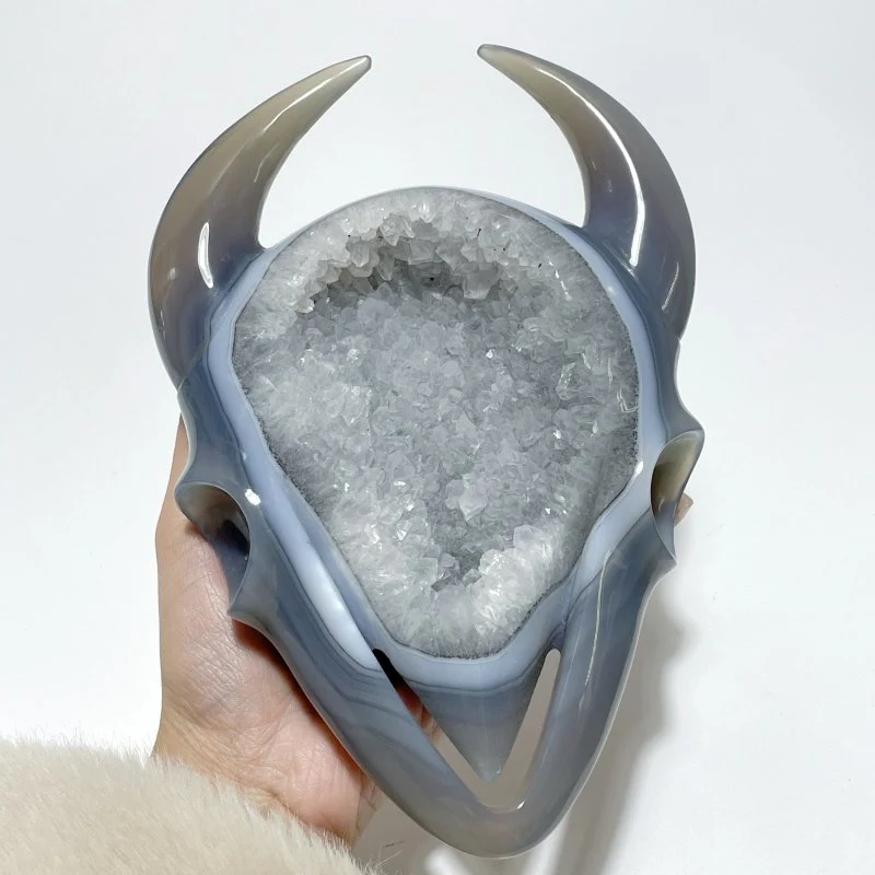 Unique Large Geode Druzy Agate Demon Sheep Head Carving
