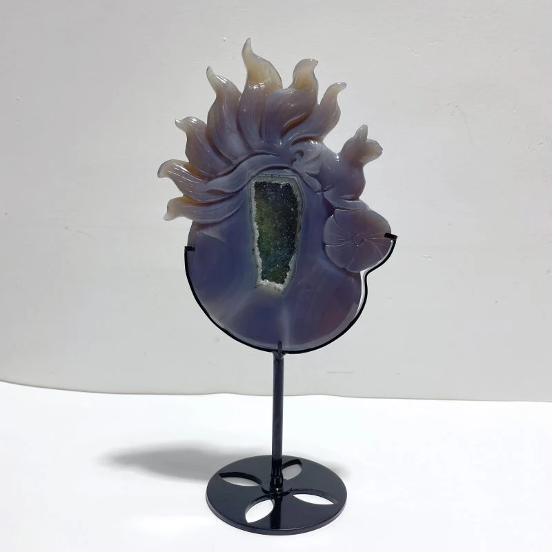 Unique Geode Druzy Agate Nine-tailed Fox Carving With Stand