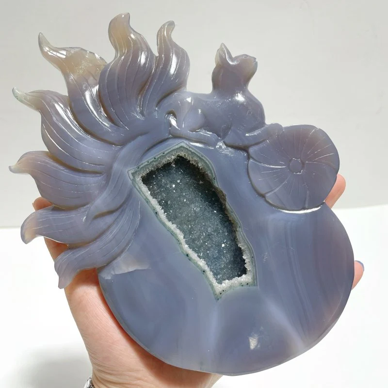 Unique Geode Druzy Agate Nine-tailed Fox Carving With Stand - Image 2