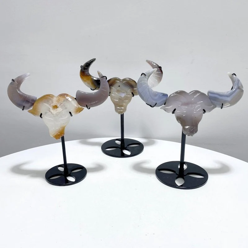 3 Pieces Unique Geode Druzy Agate Ox Head Crystal Carving With Stand