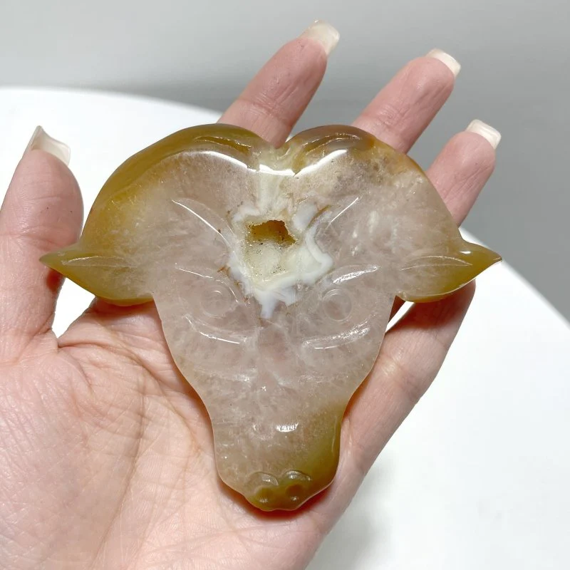 3 Pieces Unique Geode Druzy Agate Ox Head Crystal Carving With Stand - Image 3