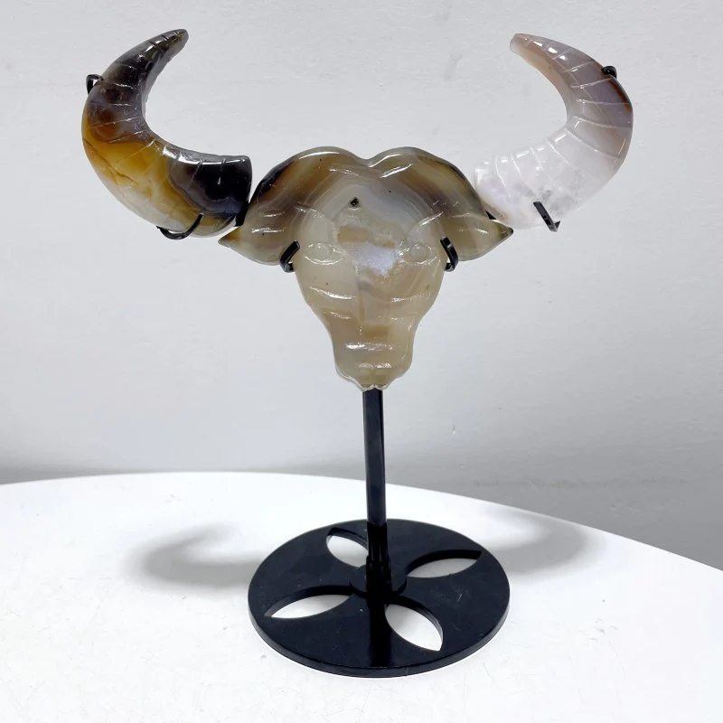 3 Pieces Unique Geode Druzy Agate Ox Head Crystal Carving With Stand - Image 4