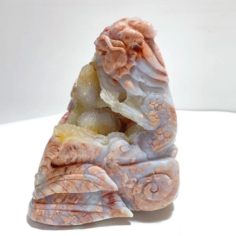 Unique Geode Druzy Pink Agate Chinese Dragon&Phoenix Carving - Image 2
