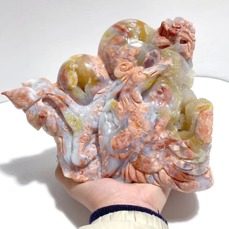 Unique Geode Druzy Pink Agate Chinese Dragon&Phoenix Carving - Image 5