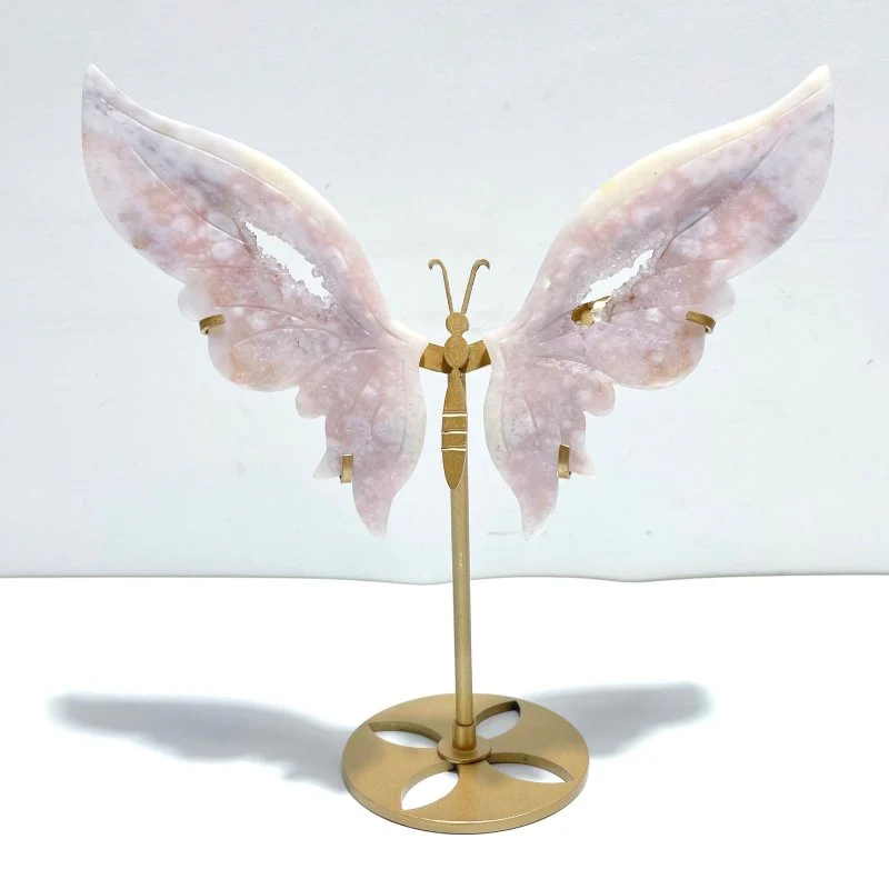Unique Geode Pink Amethyst Butterfly Wing Carving With Stand