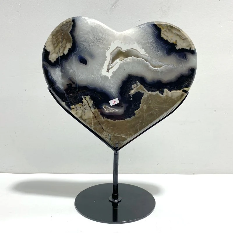 Unique Geode Druzy Volcano Agate Heart Carving With Stand(UV-Reactive) #1 - Image 4