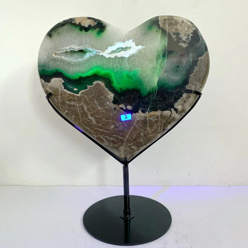 Unique Geode Druzy Volcano Agate Heart Carving With Stand(UV-Reactive) #3