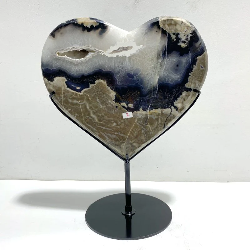 Unique Geode Druzy Volcano Agate Heart Carving With Stand(UV-Reactive) #3 - Image 3