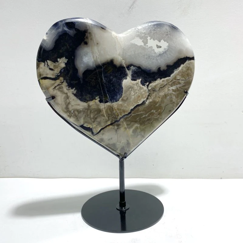 Unique Geode Druzy Volcano Agate Heart Carving With Stand(UV-Reactive) #3 - Image 4