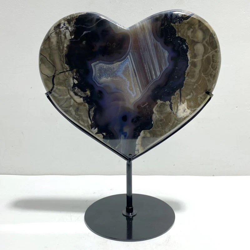 Unique Geode Druzy Volcano Agate Heart Carving With Stand(UV-Reactive) #4 - Image 4