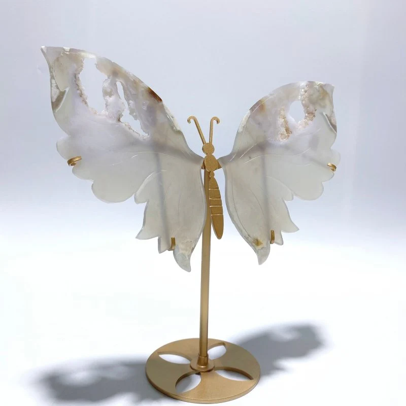 Unique Geode Sakura Flower Agate Butterfly Wing Carving With Stand
