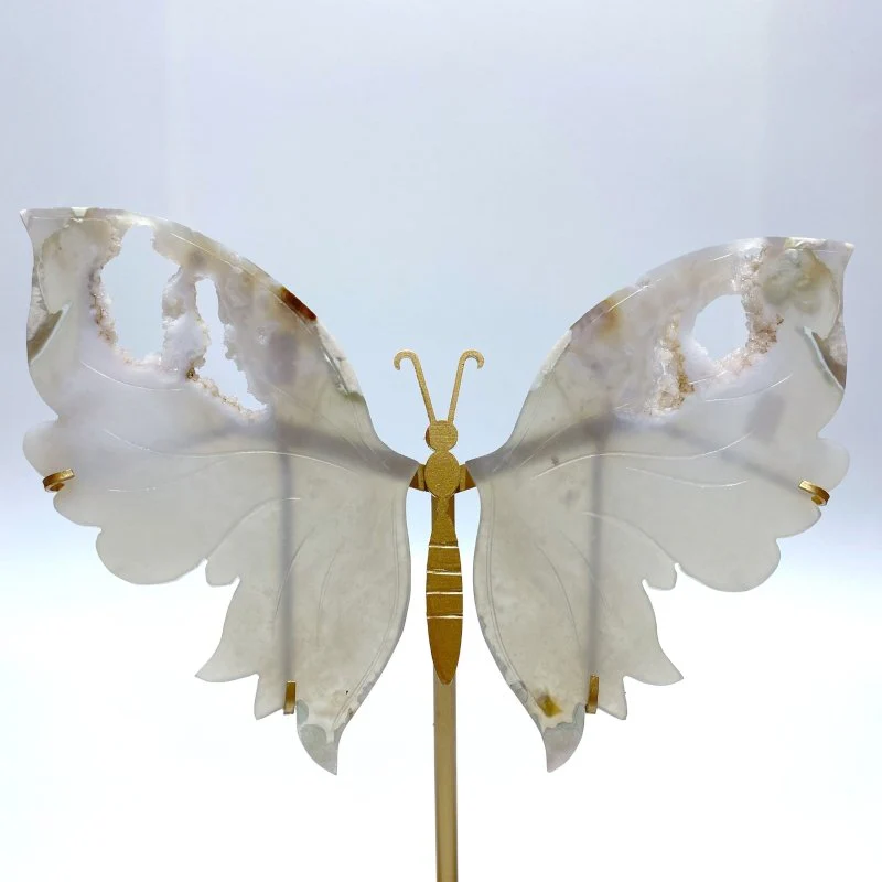 Unique Geode Sakura Flower Agate Butterfly Wing Carving With Stand - Image 2