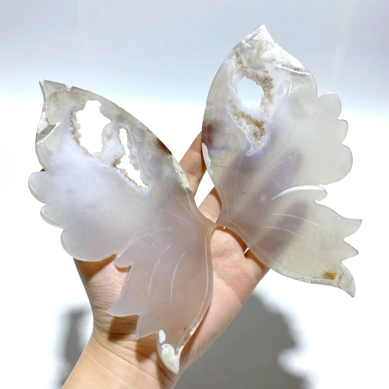 Unique Geode Sakura Flower Agate Butterfly Wing Carving With Stand - Image 3