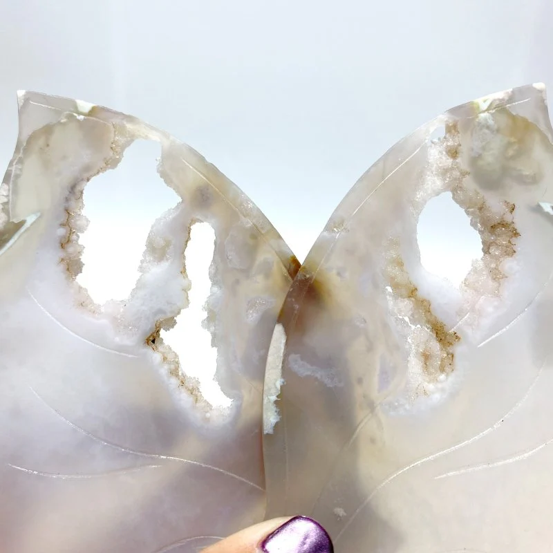 Unique Geode Sakura Flower Agate Butterfly Wing Carving With Stand - Image 4