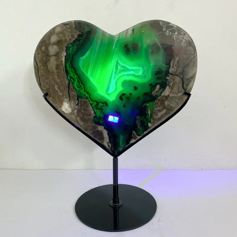 Unique Geode Volcano Agate Heart Carving With Stand(UV-Reactive) #2