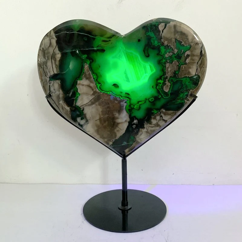 Unique Geode Volcano Agate Heart Carving With Stand(UV-Reactive) #2 - Image 2