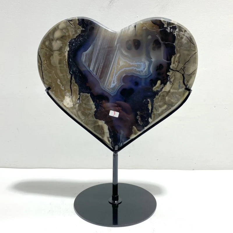 Unique Geode Volcano Agate Heart Carving With Stand(UV-Reactive) #2 - Image 4