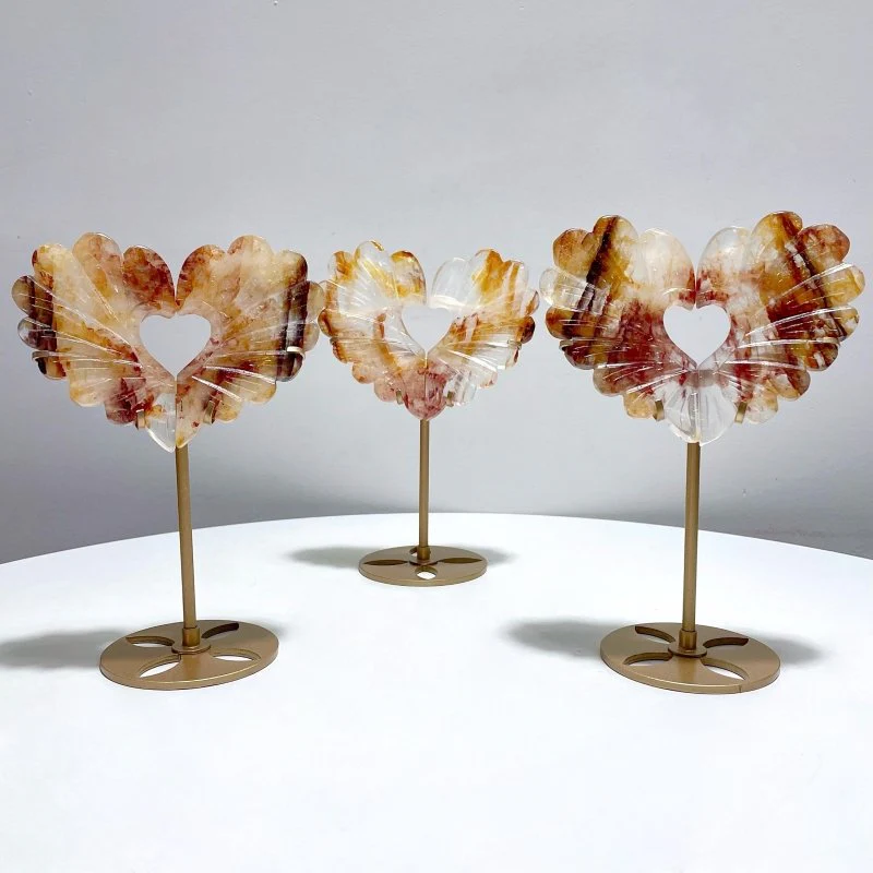 3 Pieces Unique Golden Hematoid Quartz Heart Wing Carving With Stand