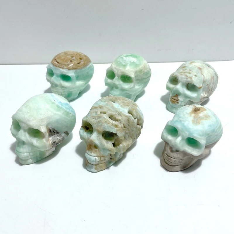 6 Pieces Unique Green Calcite Skull Carving