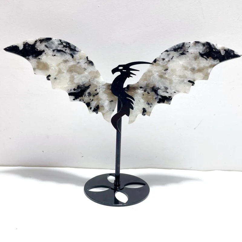 Unique India Moonstone Flying Dragon Wing Carving With Stand