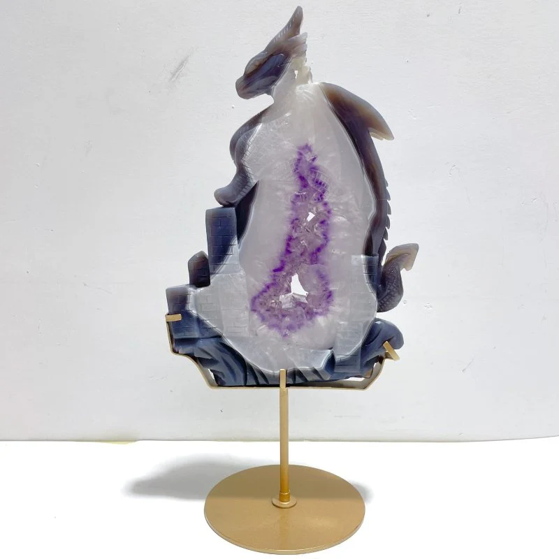 Unique Large Amethyst Mixed Geode Druzy Agate Flying Dragon Castle Carving With Stand