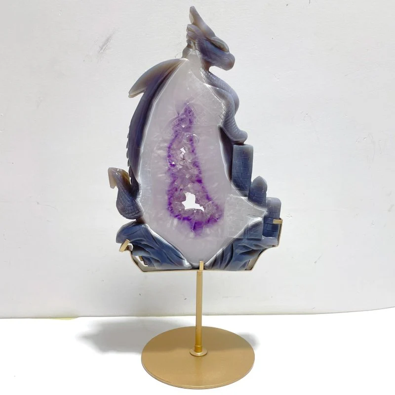 Unique Large Amethyst Mixed Geode Druzy Agate Flying Dragon Castle Carving With Stand - Image 2