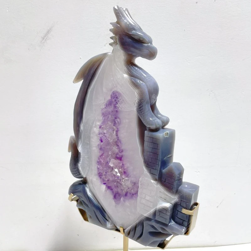 Unique Large Amethyst Mixed Geode Druzy Agate Flying Dragon Castle Carving With Stand - Image 3