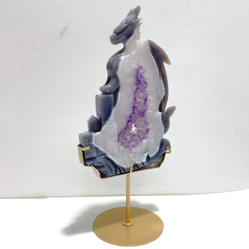 Unique Large Amethyst Mixed Geode Druzy Agate Flying Dragon Castle Carving With Stand - Image 4