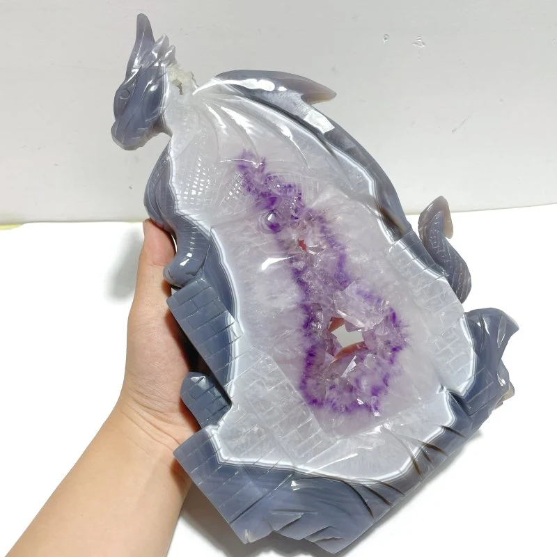 Unique Large Amethyst Mixed Geode Druzy Agate Flying Dragon Castle Carving With Stand - Image 5