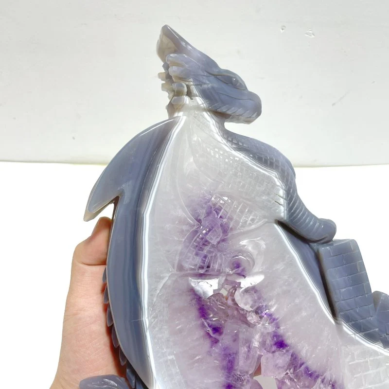 Unique Large Amethyst Mixed Geode Druzy Agate Flying Dragon Castle Carving With Stand - Image 6