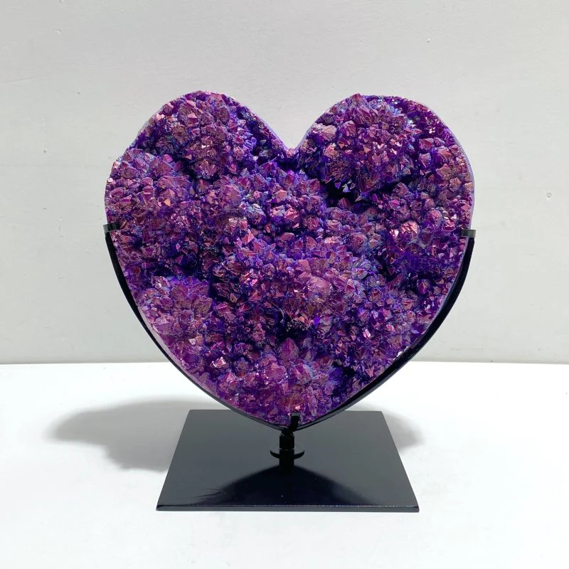 Unique Large Aura Purple Quartz Cluster Heart With Stand #5