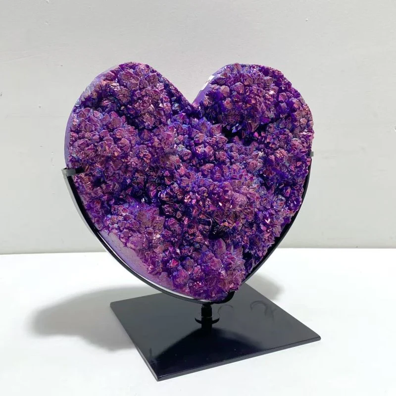 Unique Large Aura Purple Quartz Cluster Heart With Stand #5 - Image 2