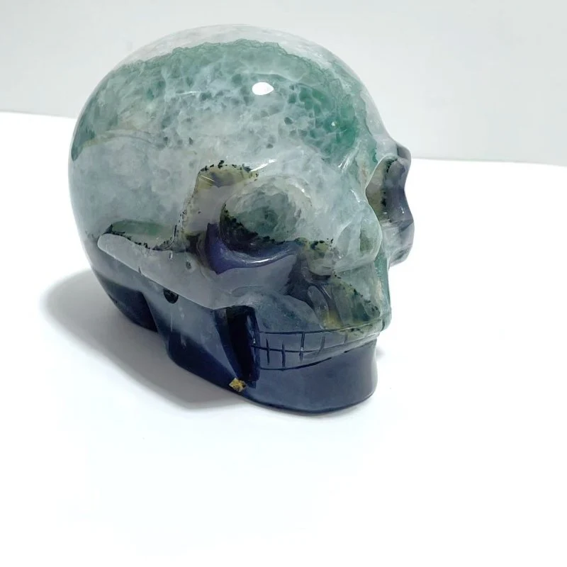 Unique Druzy Geode Green Agate Skull Carving