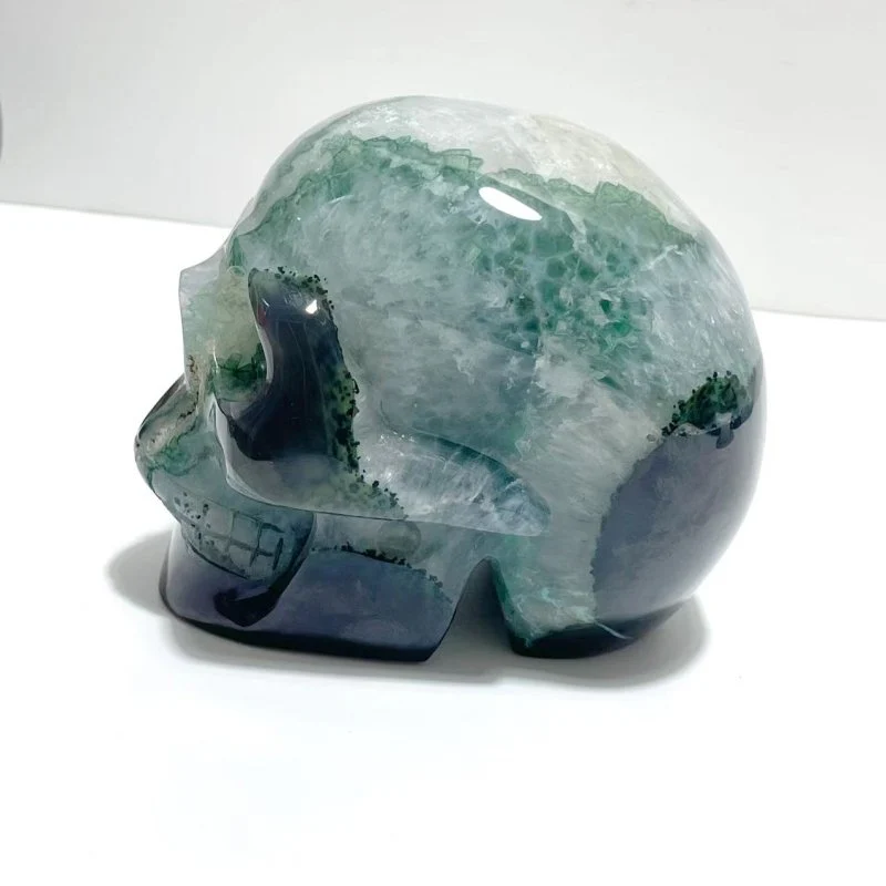 Unique Druzy Geode Green Agate Skull Carving - Image 2