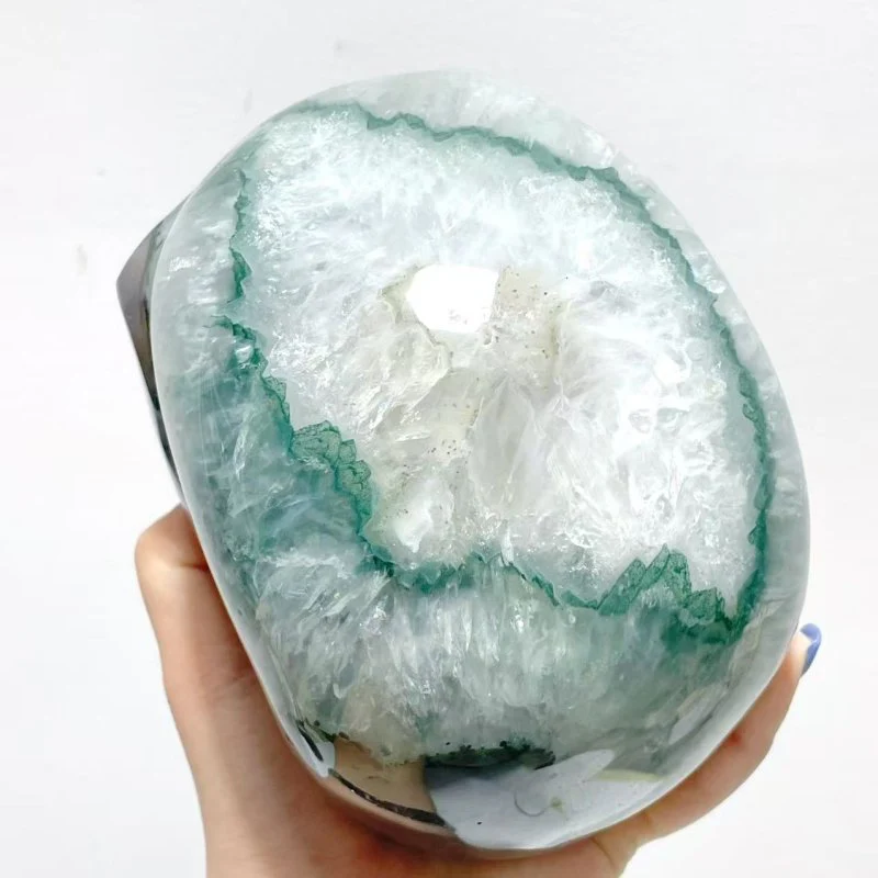 Unique Druzy Geode Green Agate Skull Carving - Image 3