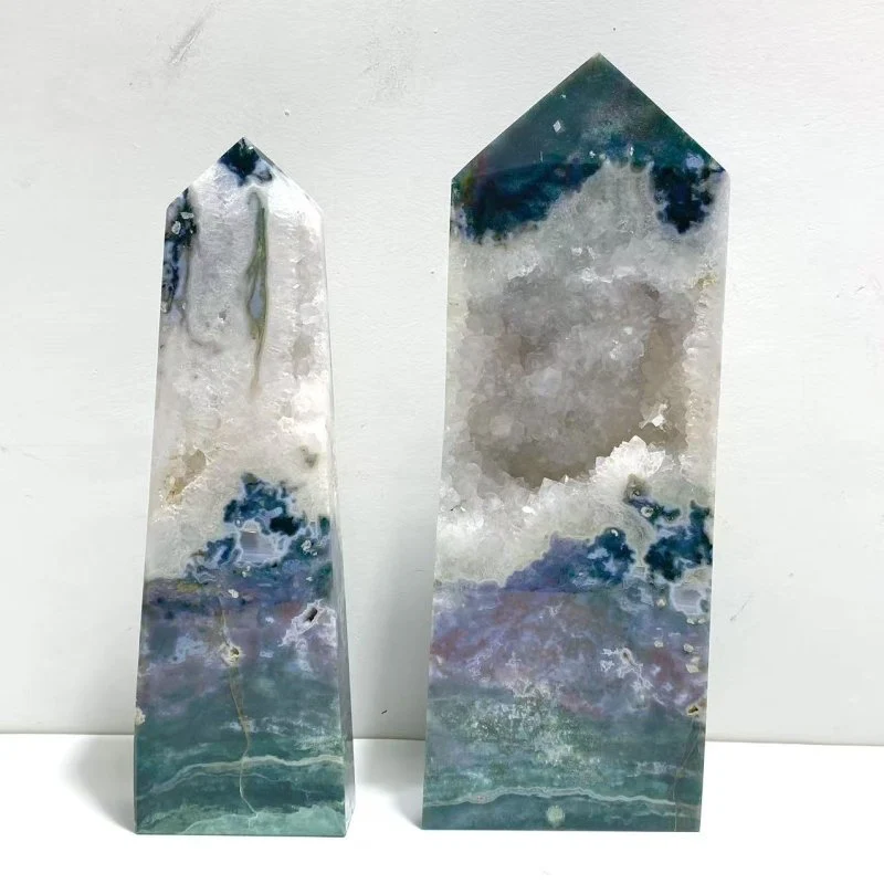 2 Pieces Large Geode Druzy Moss Agate Tower Point