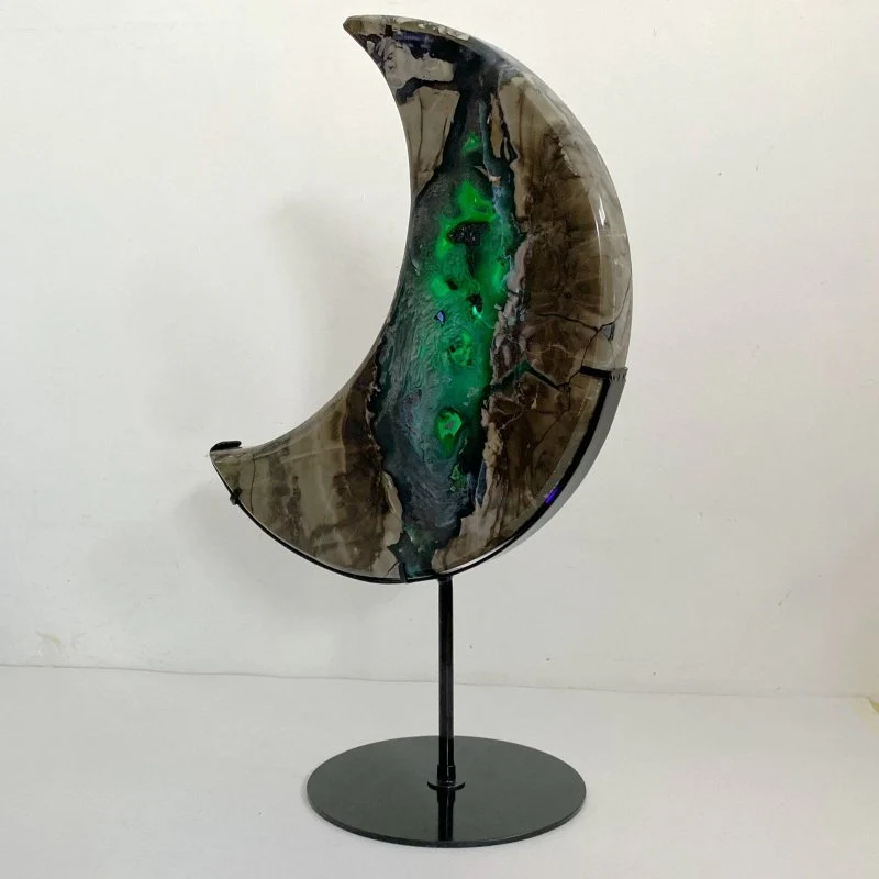Unique Large Geode Druzy Volcano Agate Moon Carving With Stand(UV-Reactive) #3 - Image 2