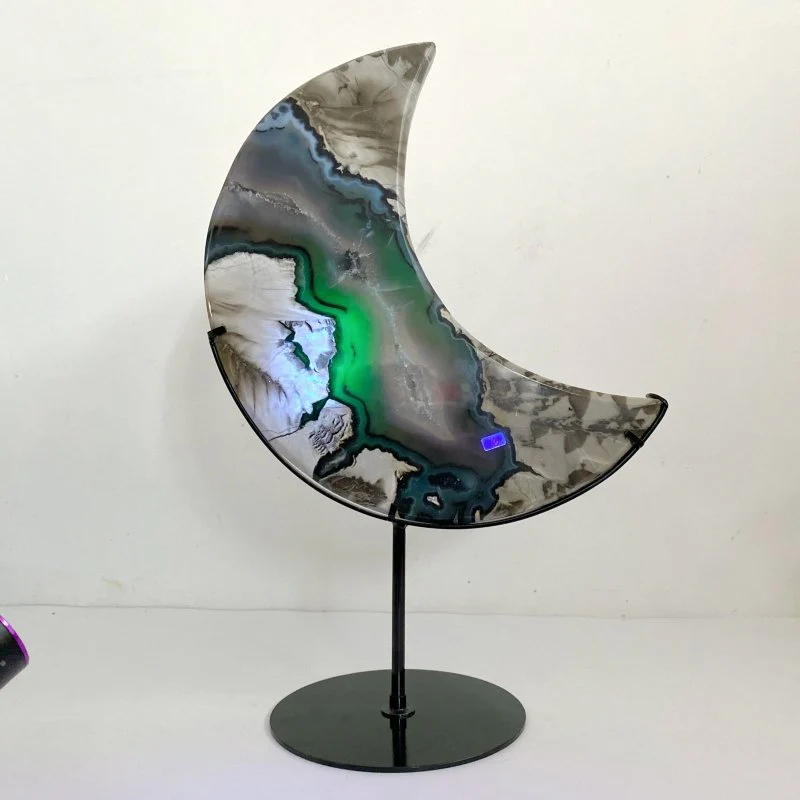 Unique Large Geode Druzy Volcano Agate Moon Carving With Stand(UV-Reactive) #6
