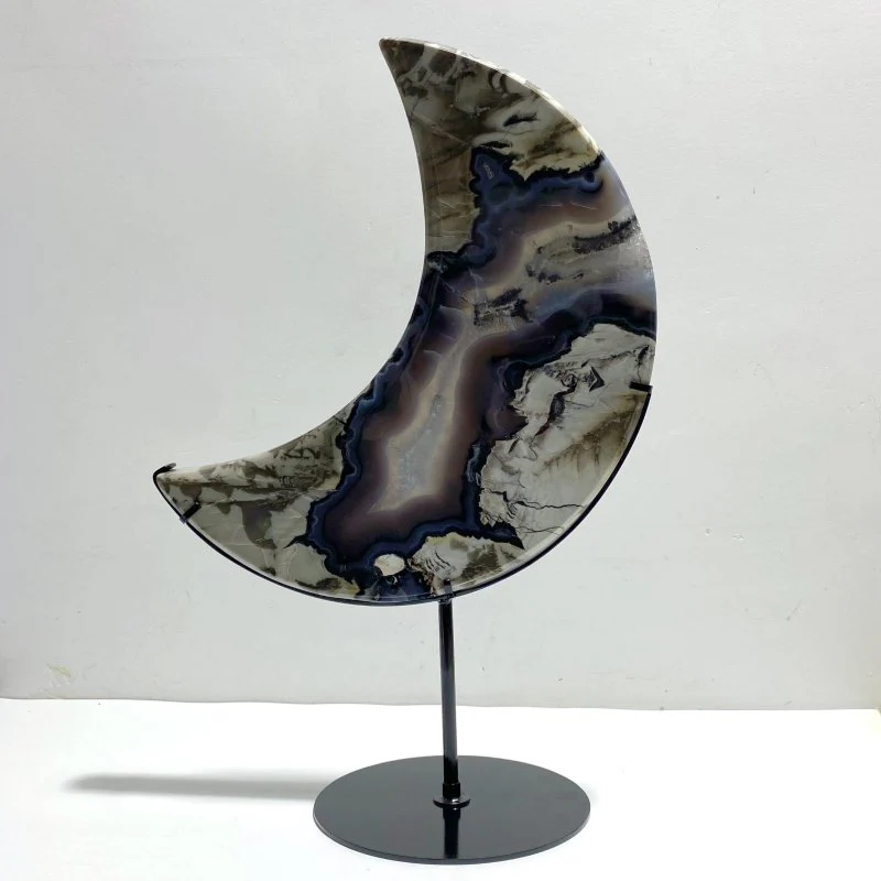 Unique Large Geode Druzy Volcano Agate Moon Carving With Stand(UV-Reactive) #6 - Image 3