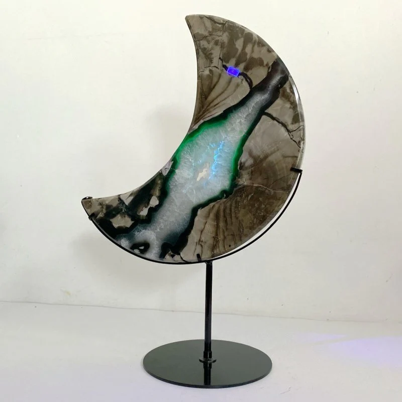 Unique Large Geode Druzy Volcano Agate Moon Carving With Stand(UV-Reactive) #7 - Image 2