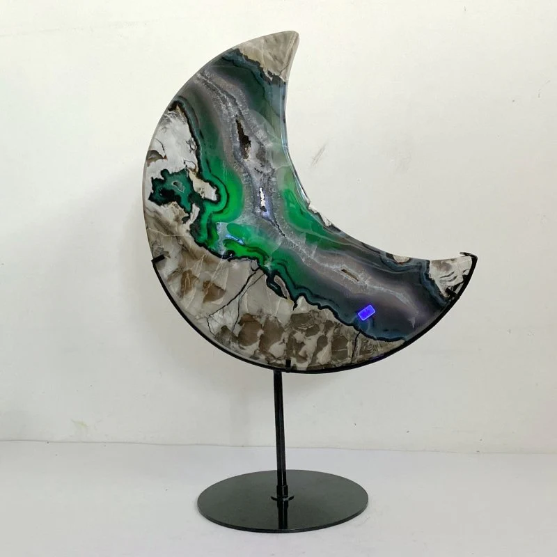 Unique Large Geode Druzy Volcano Agate Moon Carving With Stand(UV-Reactive) #8