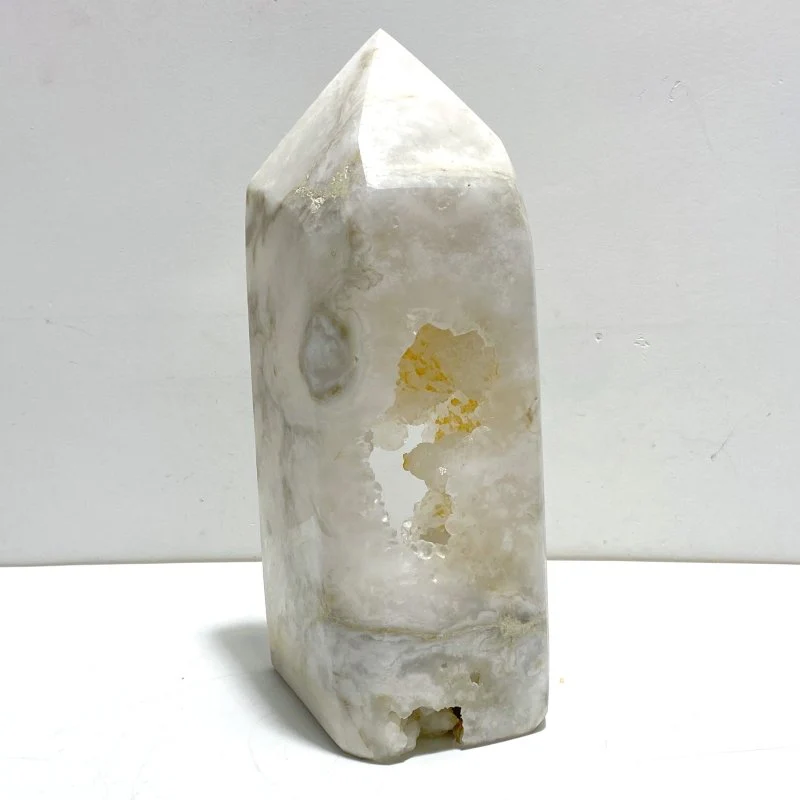 Unique Large Geode Druzy White Moss Agate Four-sided Point - Image 2