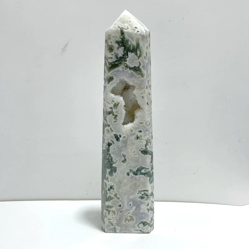 Unique Large Geode Druzy White Moss Agate Point #A02