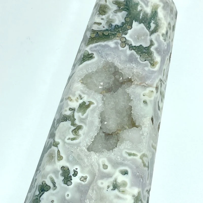 Unique Large Geode Druzy White Moss Agate Point #A02 - Image 2