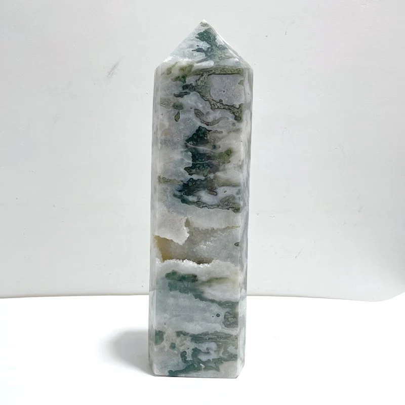 Unique Large Geode Druzy White Moss Agate Point #A03